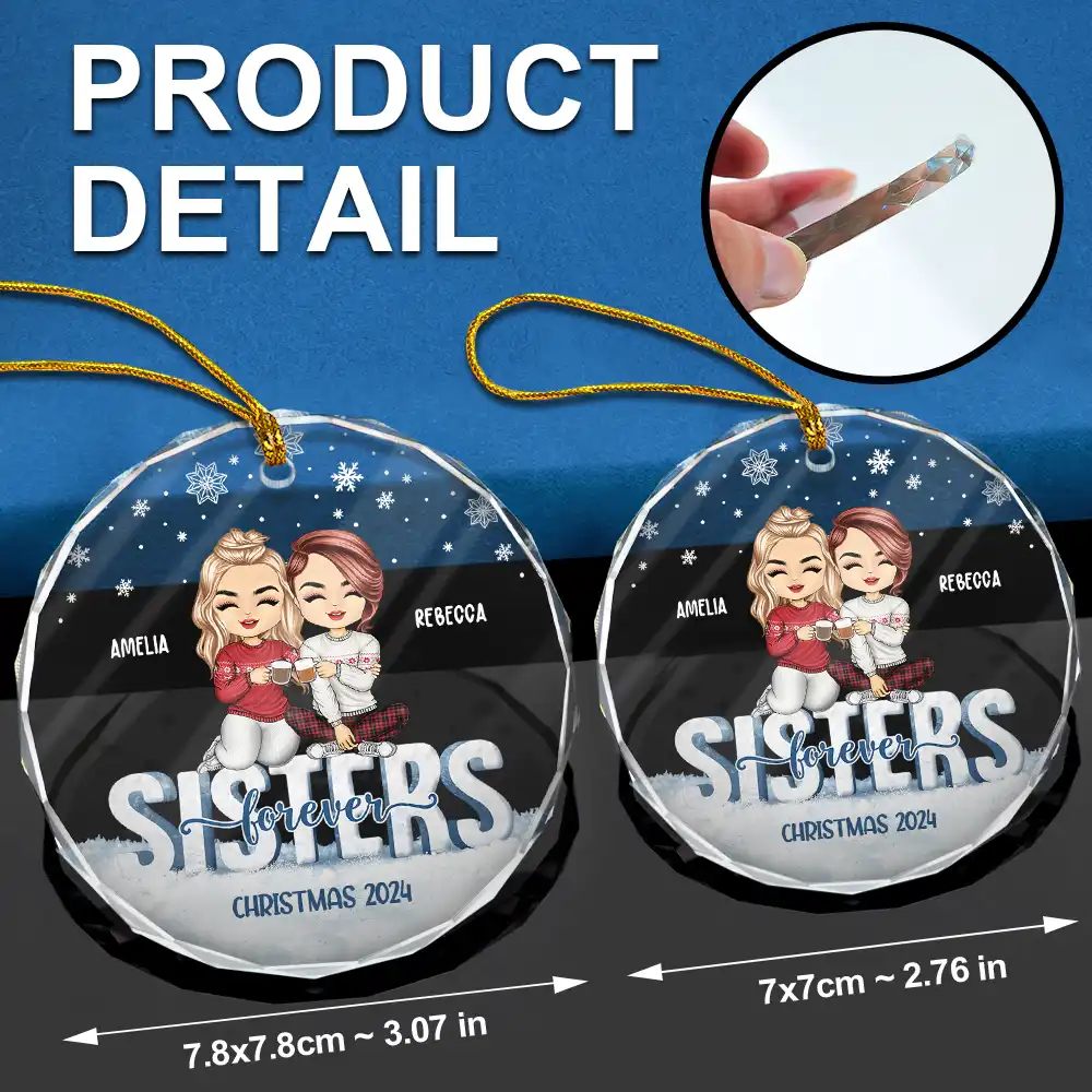 Besties Forever Christmas Sisters Chibi - Personalized Circle Glass Ornament - Image 6