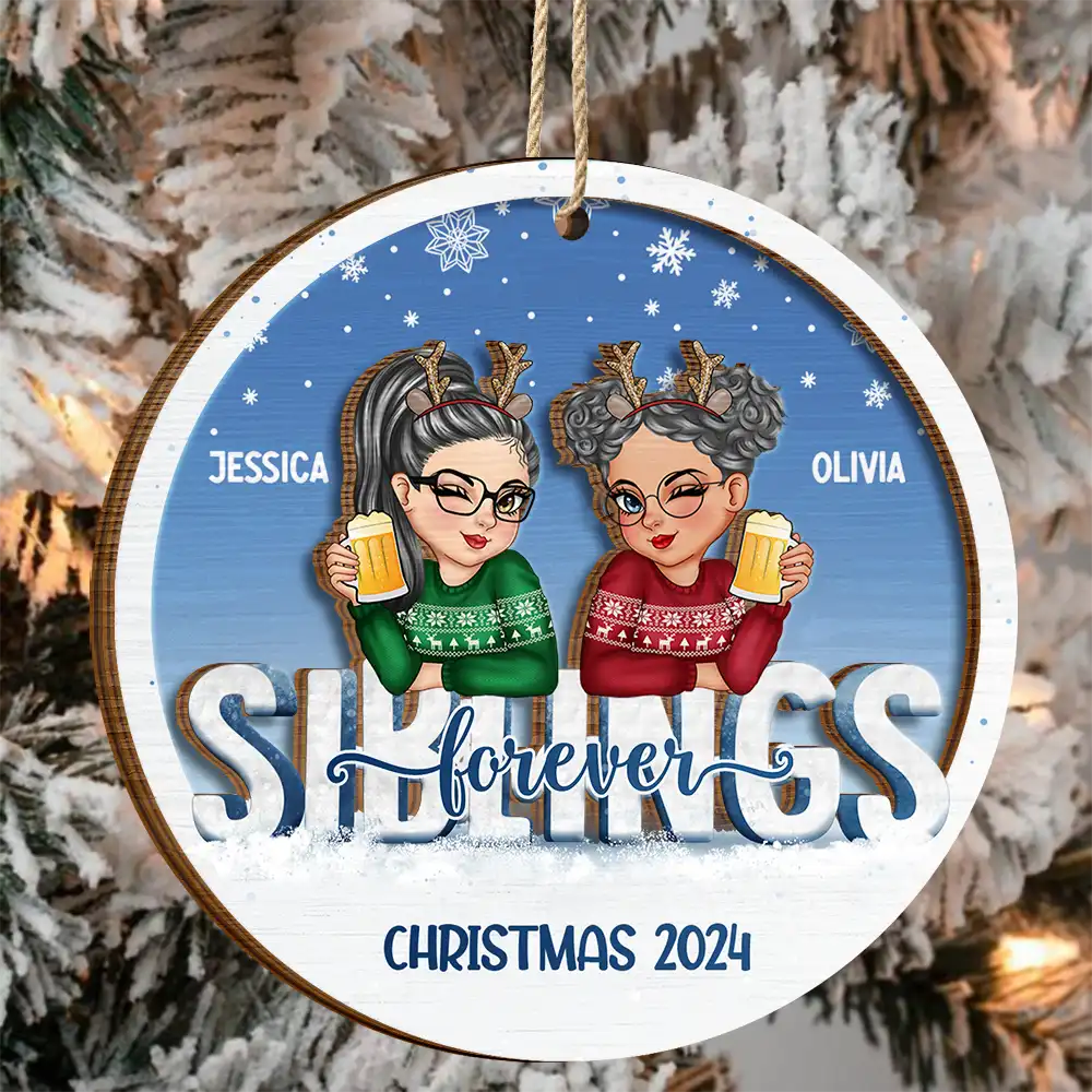 Besties Forever Christmas Sisters - Personalized 2-Layered Wooden Ornament - Image 3