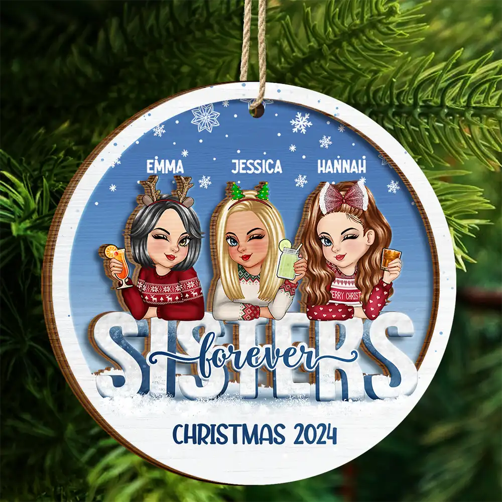 Besties Forever Christmas Sisters - Personalized 2-Layered Wooden Ornament - Image 4