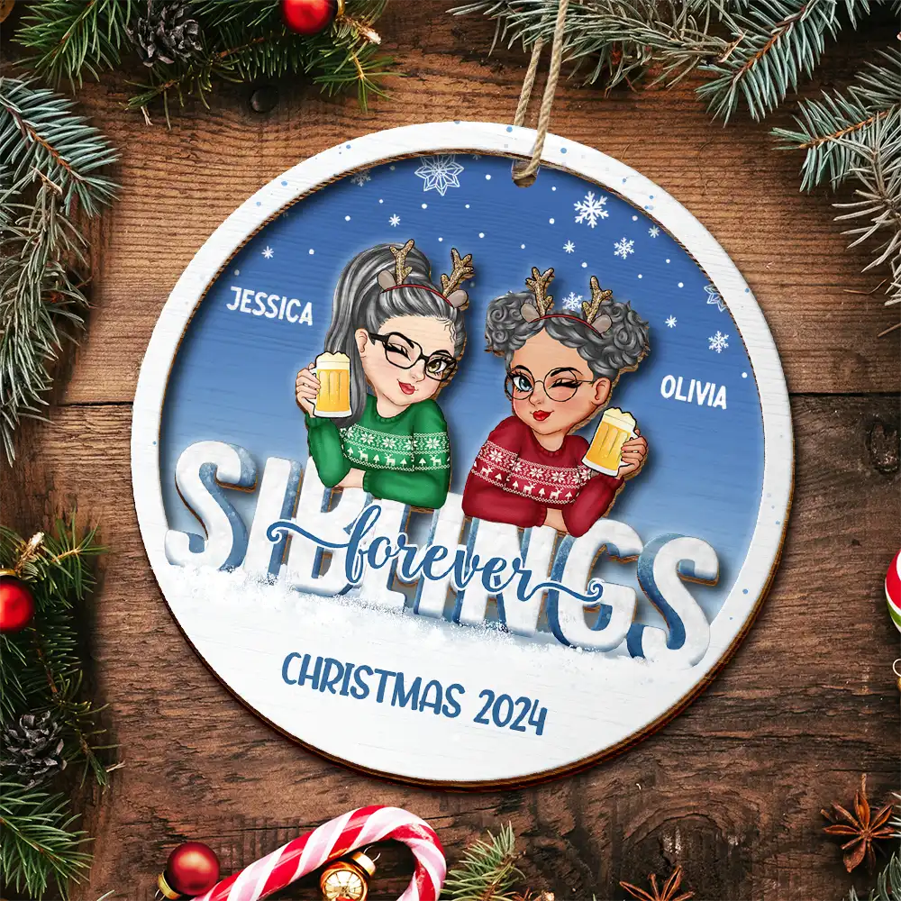 Besties Forever Christmas Sisters - Personalized 2-Layered Wooden Ornament - Image 5