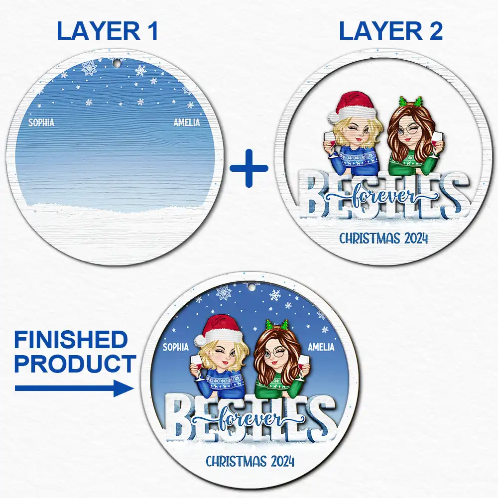 Besties Forever Christmas Sisters - Personalized 2-Layered Wooden Ornament - Image 6