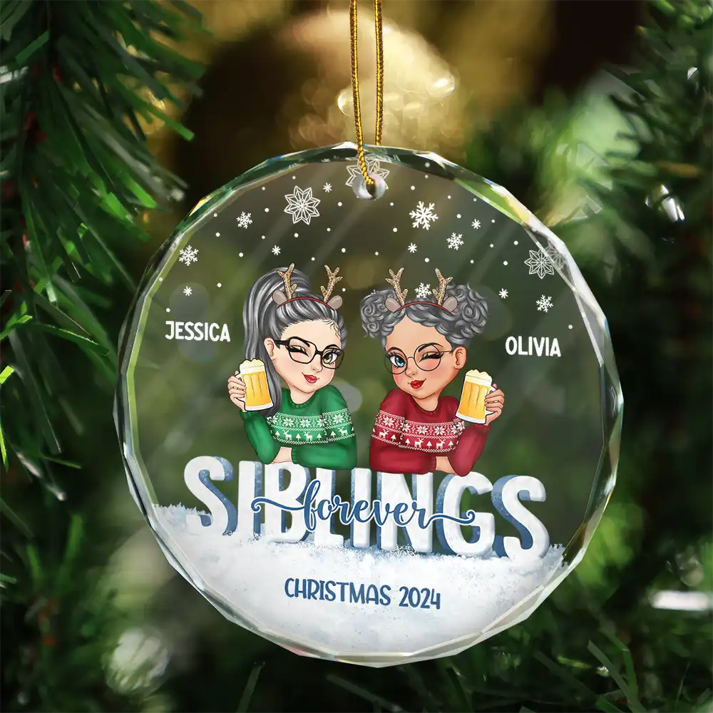 Besties Forever Christmas Sisters - Personalized Circle Glass Ornament - Image 3