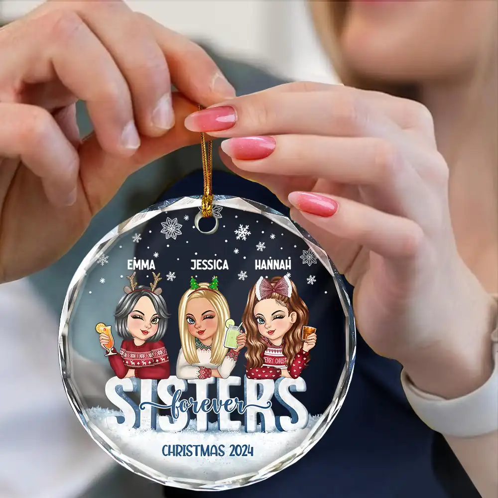 Besties Forever Christmas Sisters - Personalized Circle Glass Ornament - Image 4