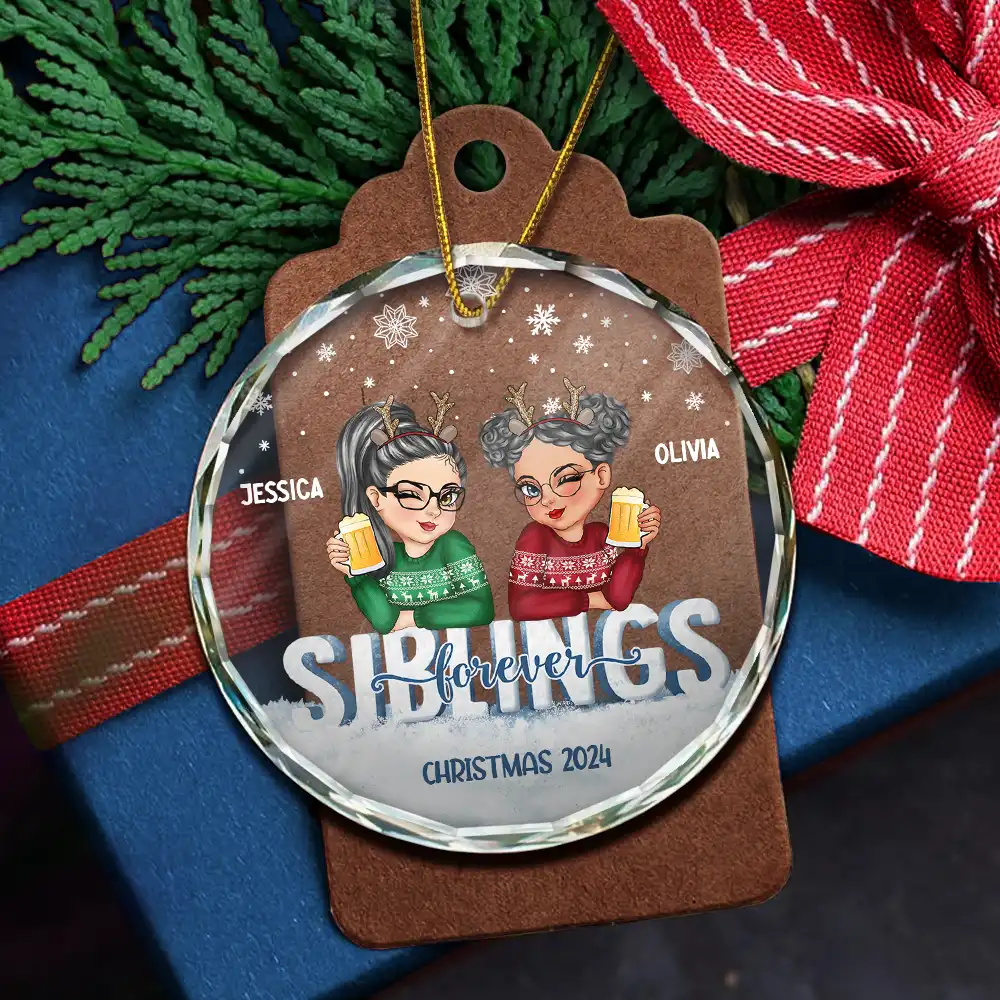 Besties Forever Christmas Sisters - Personalized Circle Glass Ornament - Image 5