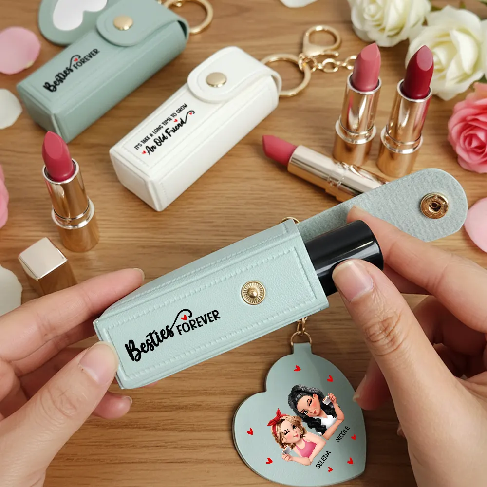 Besties Forever - Personalized Leather Lipstick Case Keychain With Mirror - Image 2
