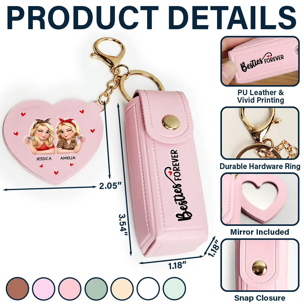 Besties Forever - Personalized Leather Lipstick Case Keychain With Mirror - Image 5