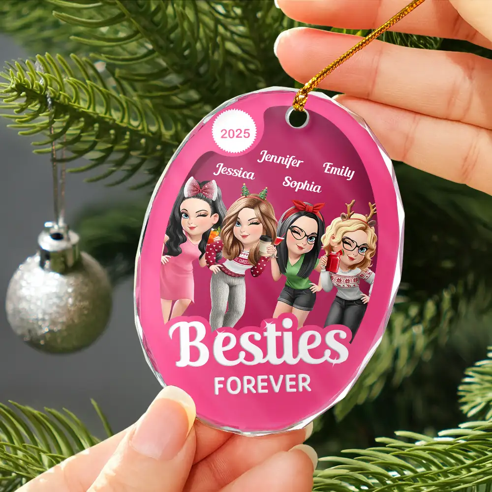 Besties Forever Pink Action Figure 3D Effect - Personalized Oval Glass Ornament - Image 3