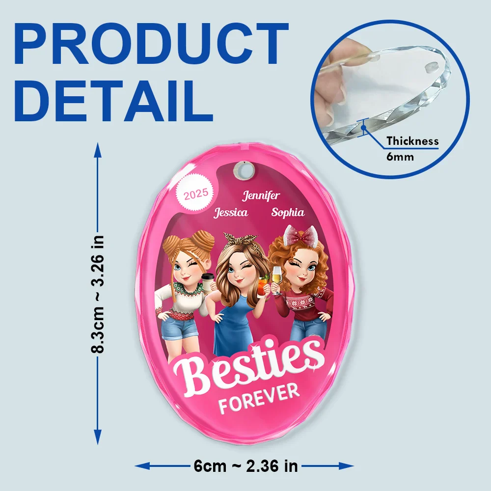 Besties Forever Pink Action Figure 3D Effect - Personalized Oval Glass Ornament - Image 5