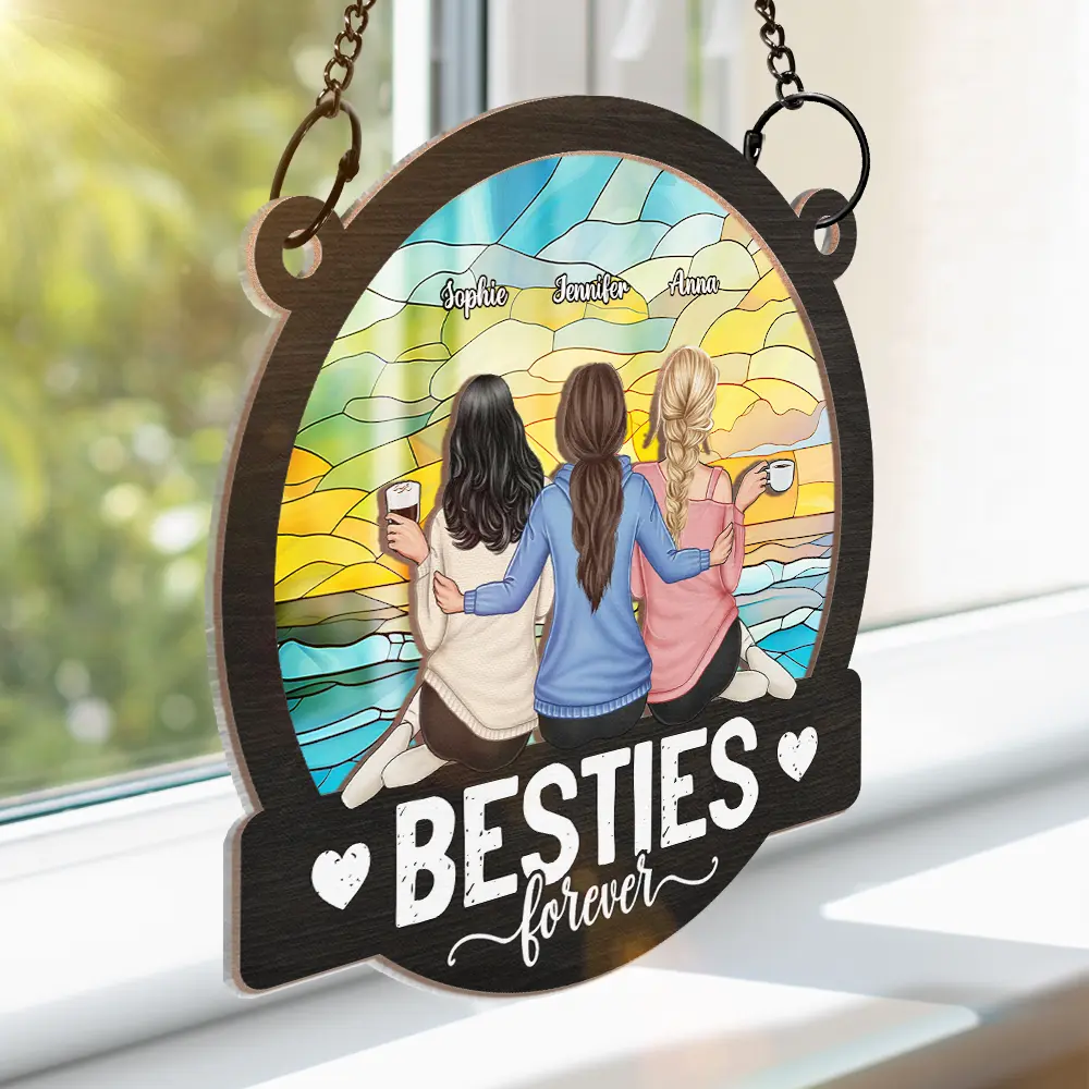 Besties Forever Sitting Together - Personalized Window Hanging Suncatcher Ornament - Image 3