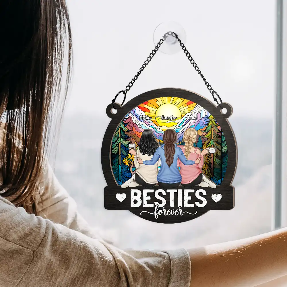 Besties Forever Sitting Together - Personalized Window Hanging Suncatcher Ornament - Image 4