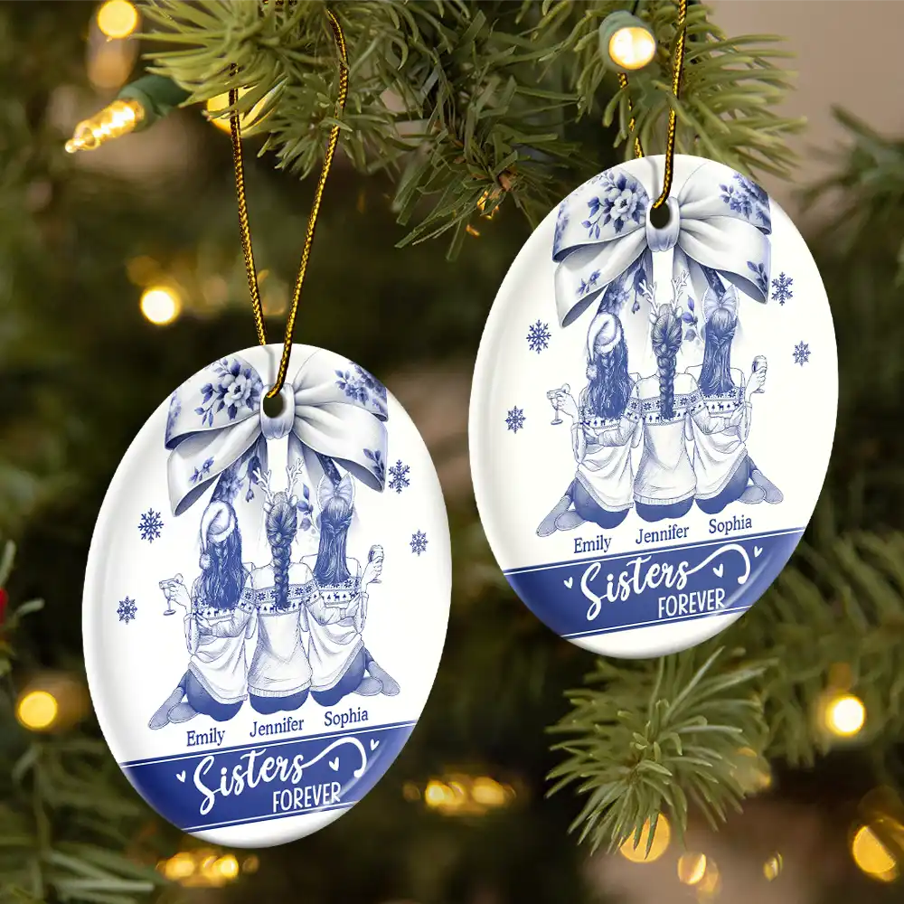 Besties Forever Toile - Personalized Circle Ceramic Ornament - Image 2