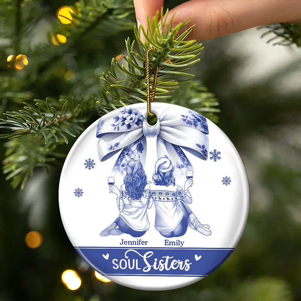 Besties Forever Toile - Personalized Circle Ceramic Ornament - Image 3