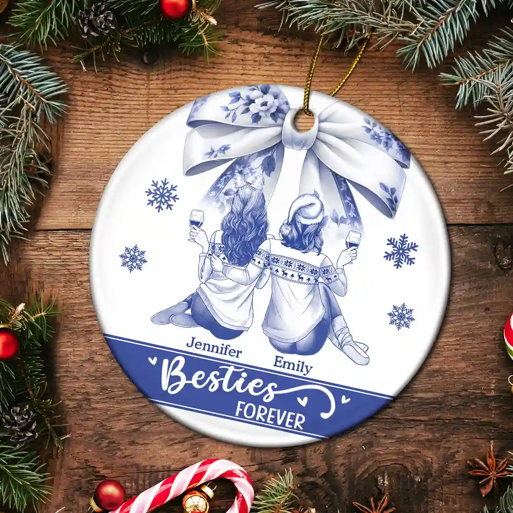 Besties Forever Toile - Personalized Circle Ceramic Ornament - Image 5