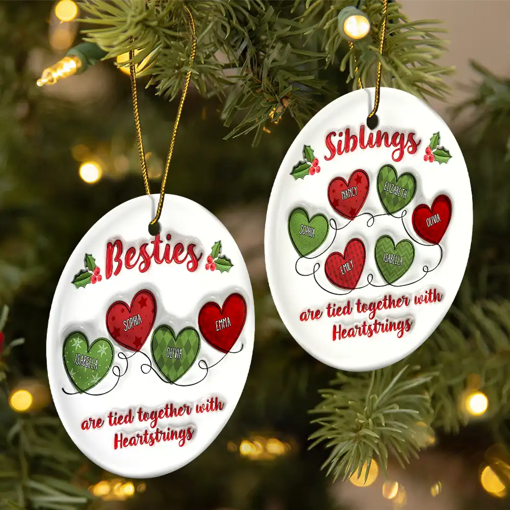 Besties Friends Are Tied Together With Heartstrings - 3D Inflated Effect Printed Ornament, Personalized Circle Ceramic Ornament - Image 2