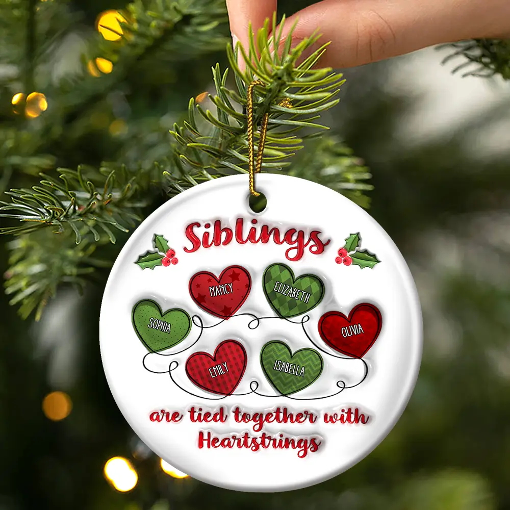 Besties Friends Are Tied Together With Heartstrings - 3D Inflated Effect Printed Ornament, Personalized Circle Ceramic Ornament - Image 3