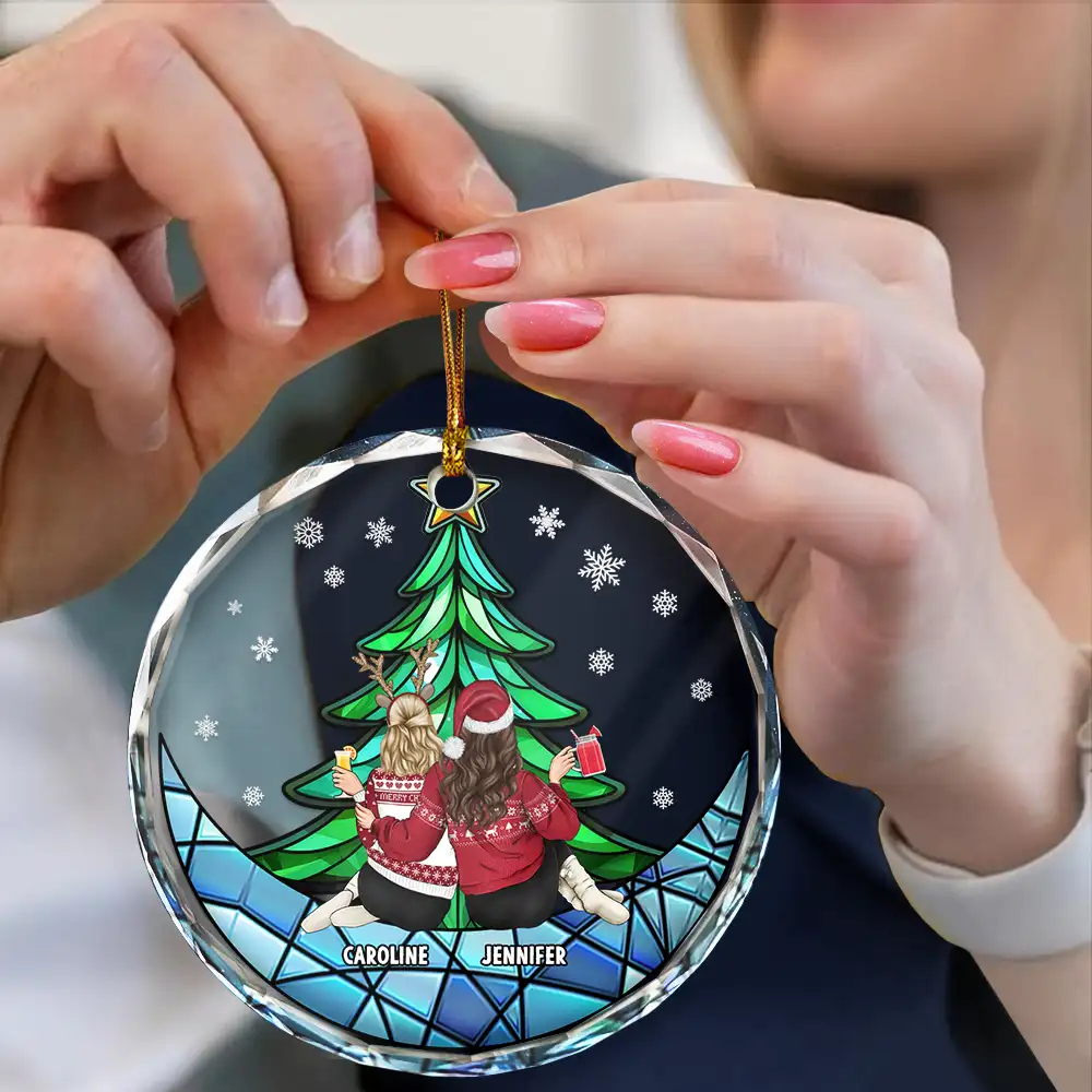 Besties Friends Brothers Sisters Sitting Together - Personalized Circle Glass Ornament - Image 4