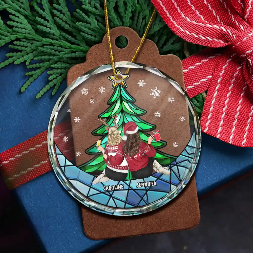 Besties Friends Brothers Sisters Sitting Together - Personalized Circle Glass Ornament - Image 5