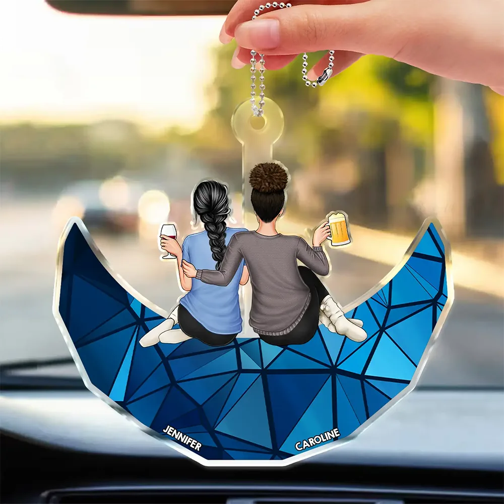 Besties Friends Sisters Sitting On The Moon - Personalized Acrylic Car Hanger - Image 3
