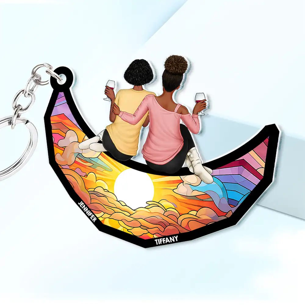 Besties Friends Sisters Sitting On The Moon - Personalized Cutout Acrylic Keychain - Image 2