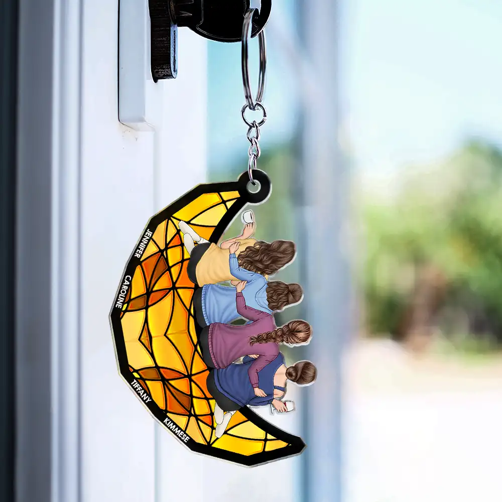 Besties Friends Sisters Sitting On The Moon - Personalized Cutout Acrylic Keychain - Image 3