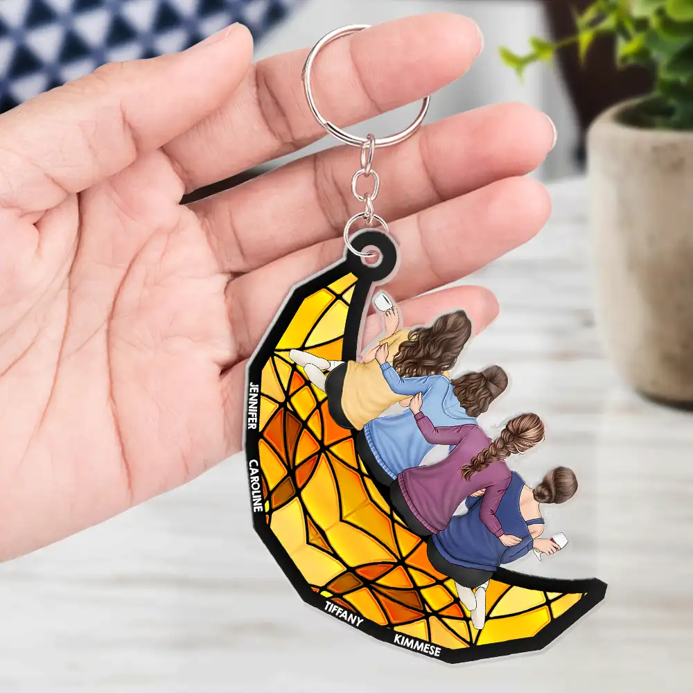 Besties Friends Sisters Sitting On The Moon - Personalized Cutout Acrylic Keychain - Image 4