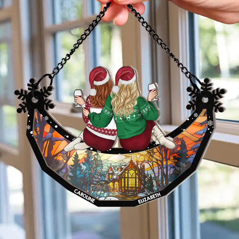 Besties Friends Sisters Sitting Together Snowflakes - Personalized Window Hanging Suncatcher Ornament - Image 2