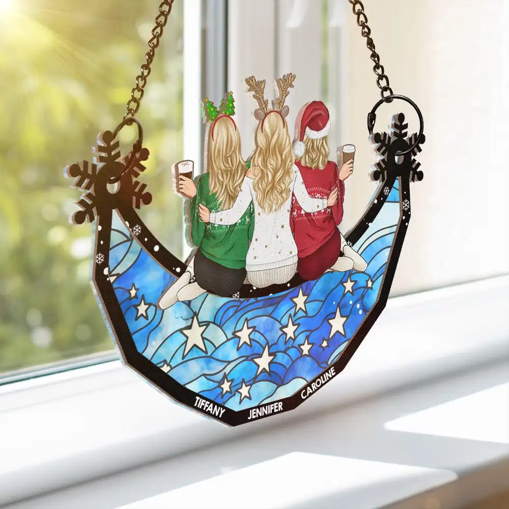 Besties Friends Sisters Sitting Together Snowflakes - Personalized Window Hanging Suncatcher Ornament - Image 3