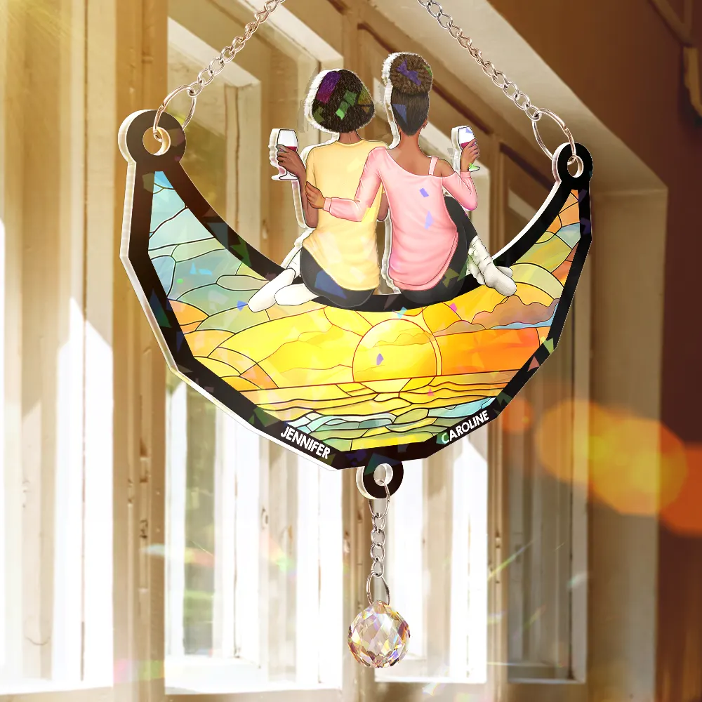 Besties Friends Sitting On The Moon - Personalized Rainbow Suncatcher With Crystal Ball Prism - Image 3