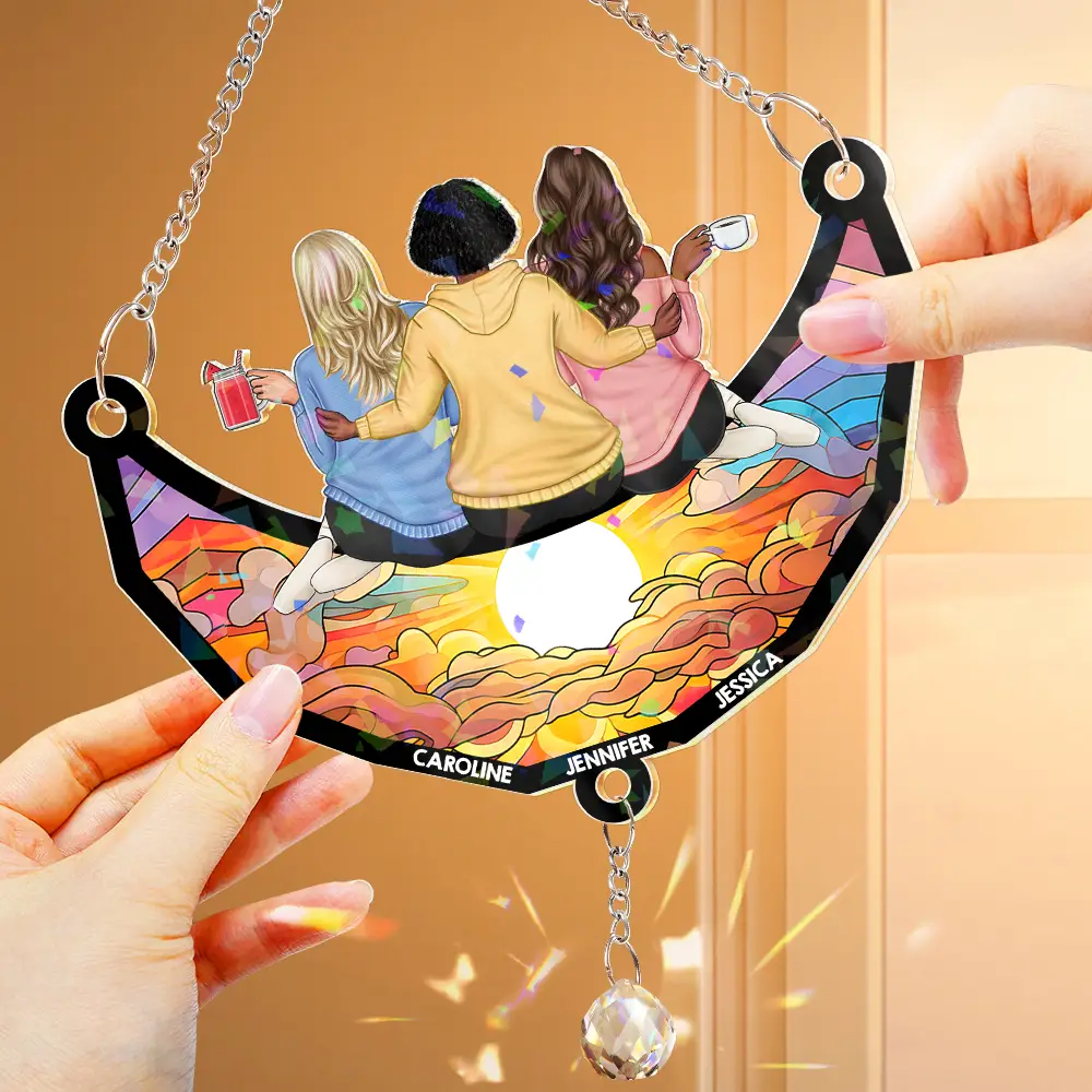 Besties Friends Sitting On The Moon - Personalized Rainbow Suncatcher With Crystal Ball Prism - Image 4