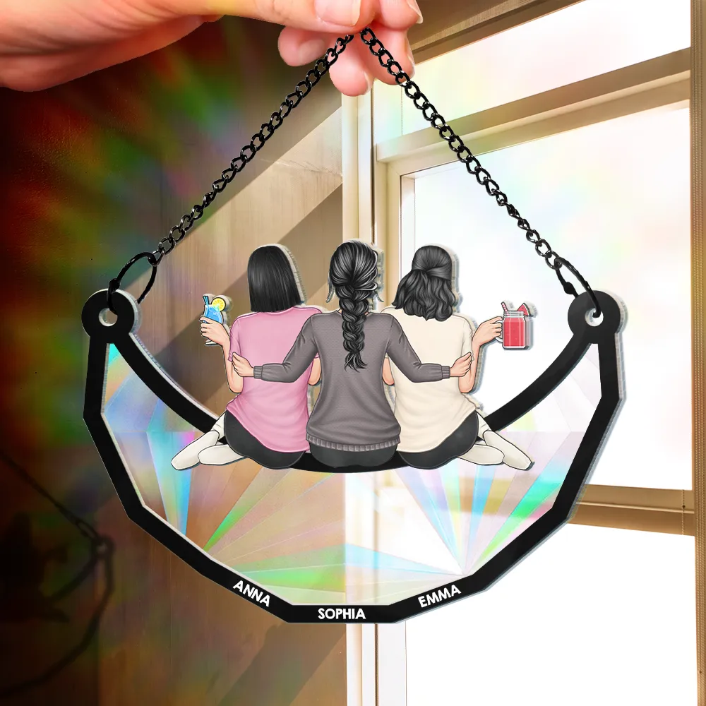 Besties Friends Sitting On The Moon - Personalized Window Hanging Rainbow Suncatcher - Image 2