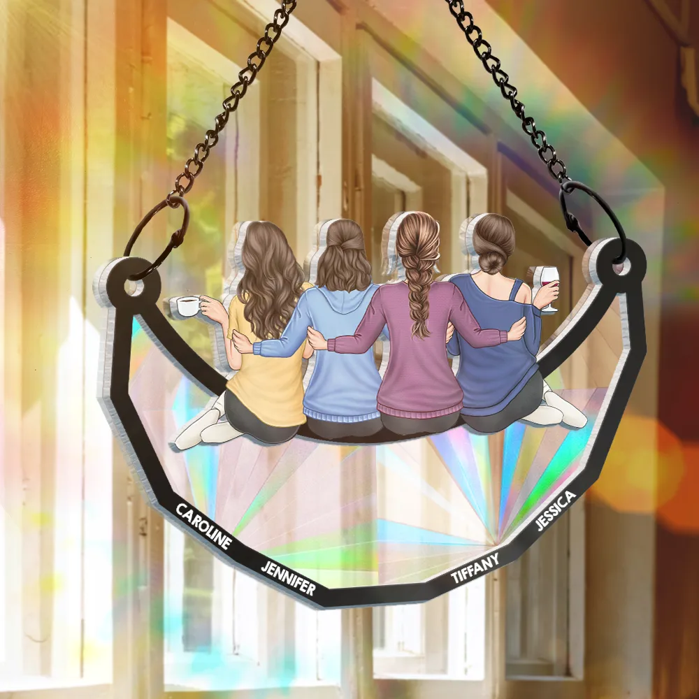 Besties Friends Sitting On The Moon - Personalized Window Hanging Rainbow Suncatcher - Image 3