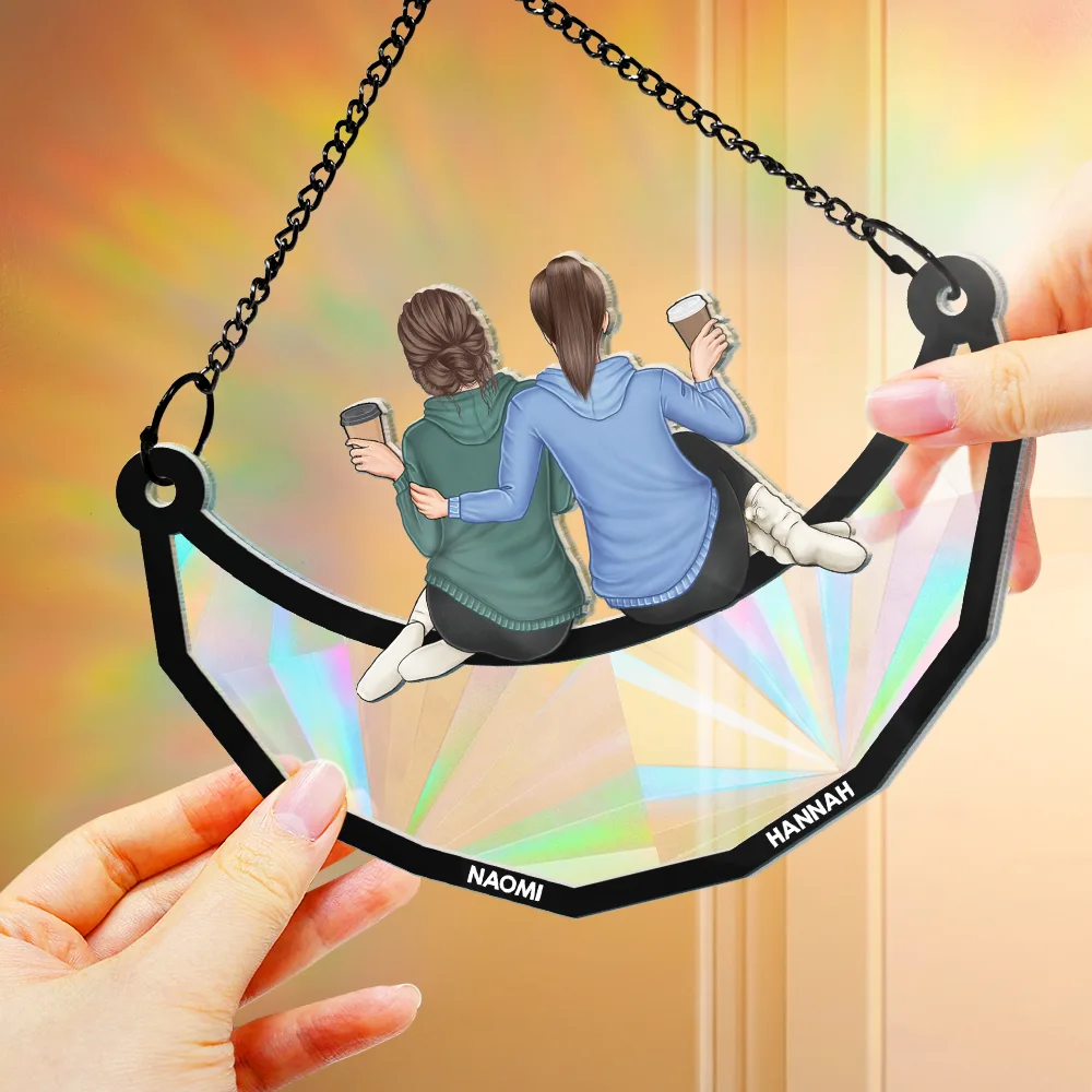 Besties Friends Sitting On The Moon - Personalized Window Hanging Rainbow Suncatcher - Image 4