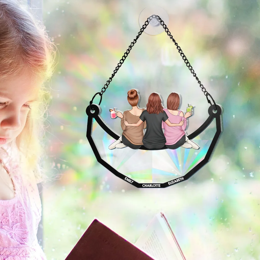 Besties Friends Sitting On The Moon - Personalized Window Hanging Rainbow Suncatcher - Image 5