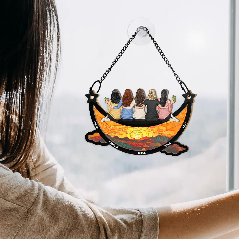 Besties Friends Sitting On The Moon Starry Sky - Personalized Window Hanging Suncatcher Ornament - Image 4