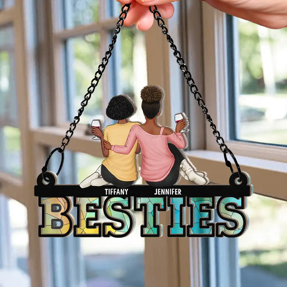 Besties Friends Sitting Together - Personalized Window Hanging Suncatcher Ornament - Image 2