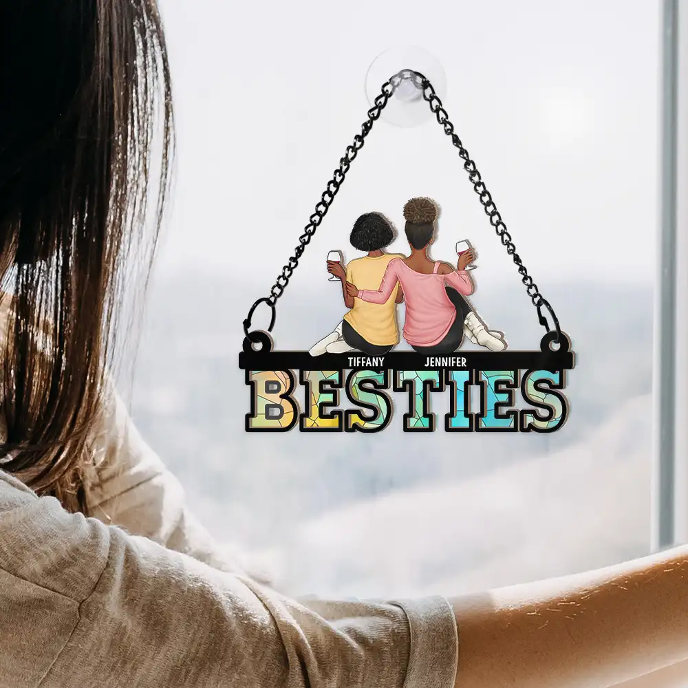 Besties Friends Sitting Together - Personalized Window Hanging Suncatcher Ornament - Image 4
