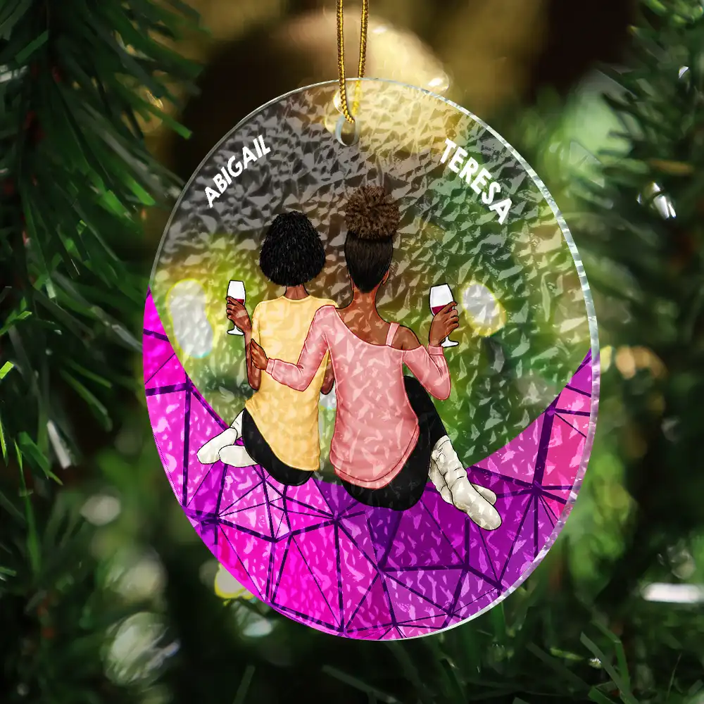 Besties Hugging Back Sitting On The Moon - Personalized Stained Glass Ornament - Image 3