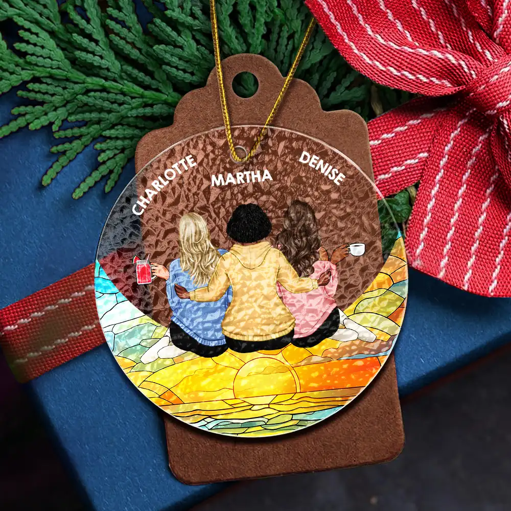 Besties Hugging Back Sitting On The Moon - Personalized Stained Glass Ornament - Image 5