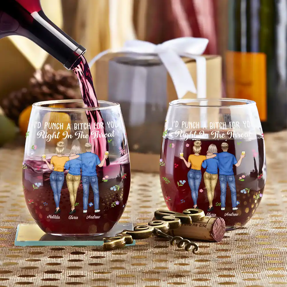 Besties I'd Punch Right In The Throat - Personalized Stemless Wine Glass - Image 3