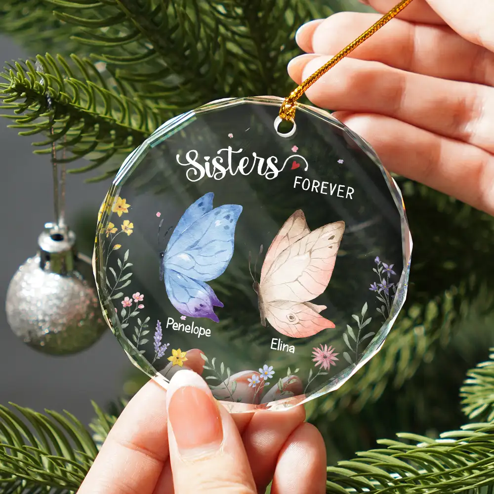 Besties Sisters Forever Butterfly - Personalized Circle Glass Ornament - Image 2