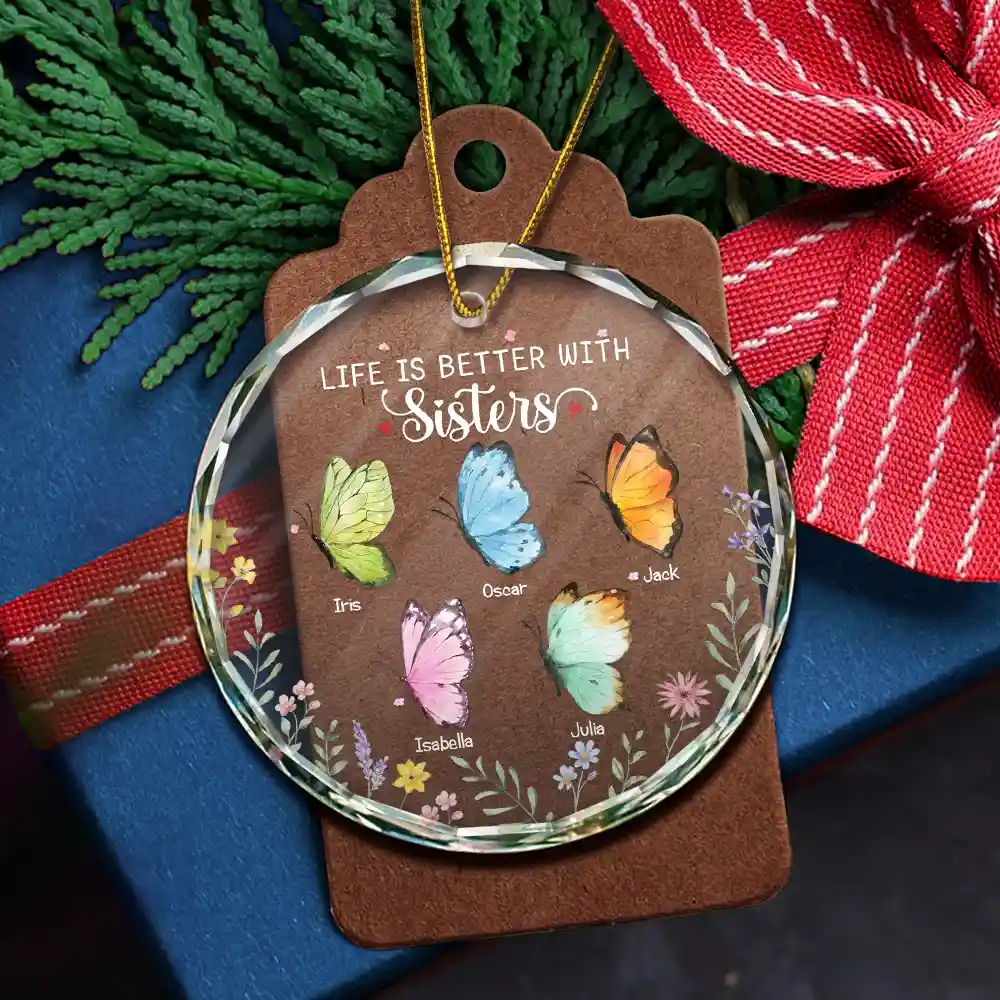 Besties Sisters Forever Butterfly - Personalized Circle Glass Ornament - Image 5