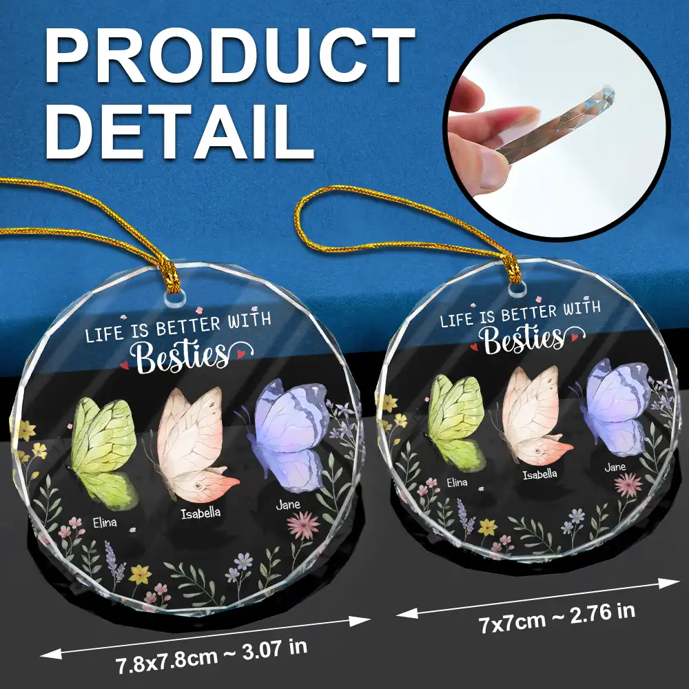 Besties Sisters Forever Butterfly - Personalized Circle Glass Ornament - Image 6