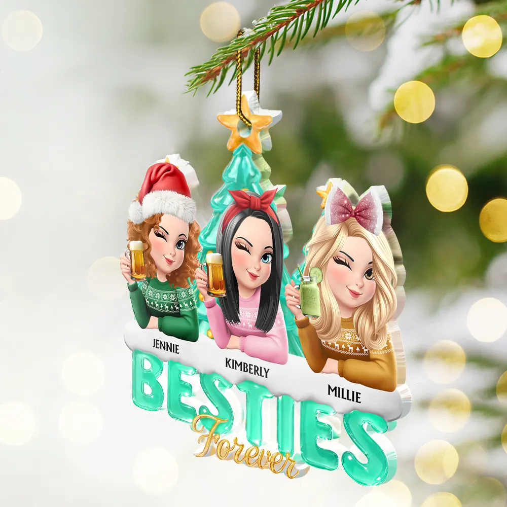 Besties Sisters Forever Christmas Tree Sea Glass Effect - Personalized Custom Shaped Acrylic Ornament - Image 2
