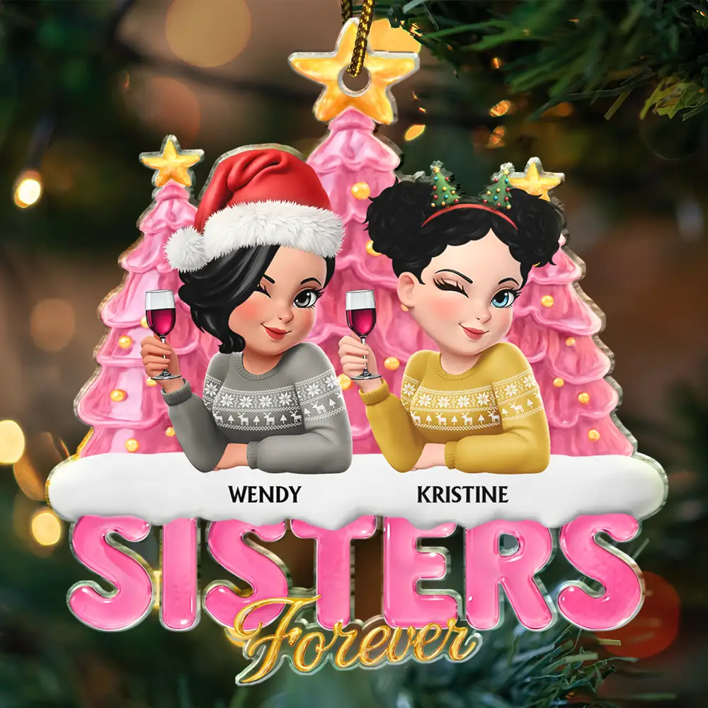 Besties Sisters Forever Christmas Tree Sea Glass Effect - Personalized Custom Shaped Acrylic Ornament - Image 3