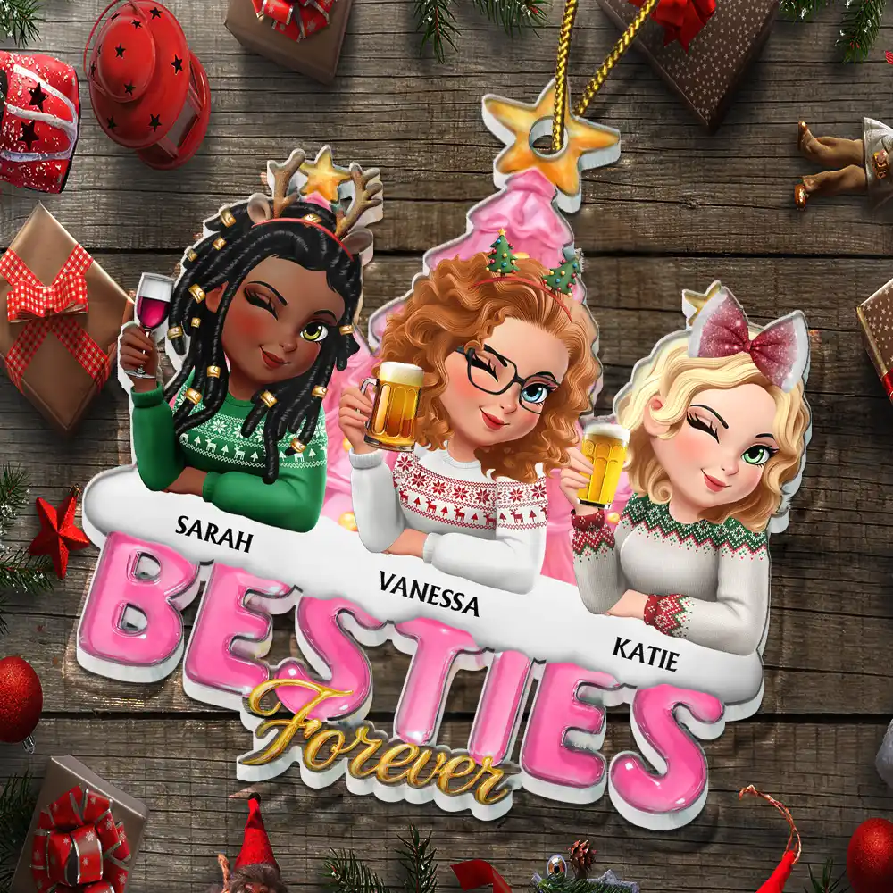 Besties Sisters Forever Christmas Tree Sea Glass Effect - Personalized Custom Shaped Acrylic Ornament - Image 5