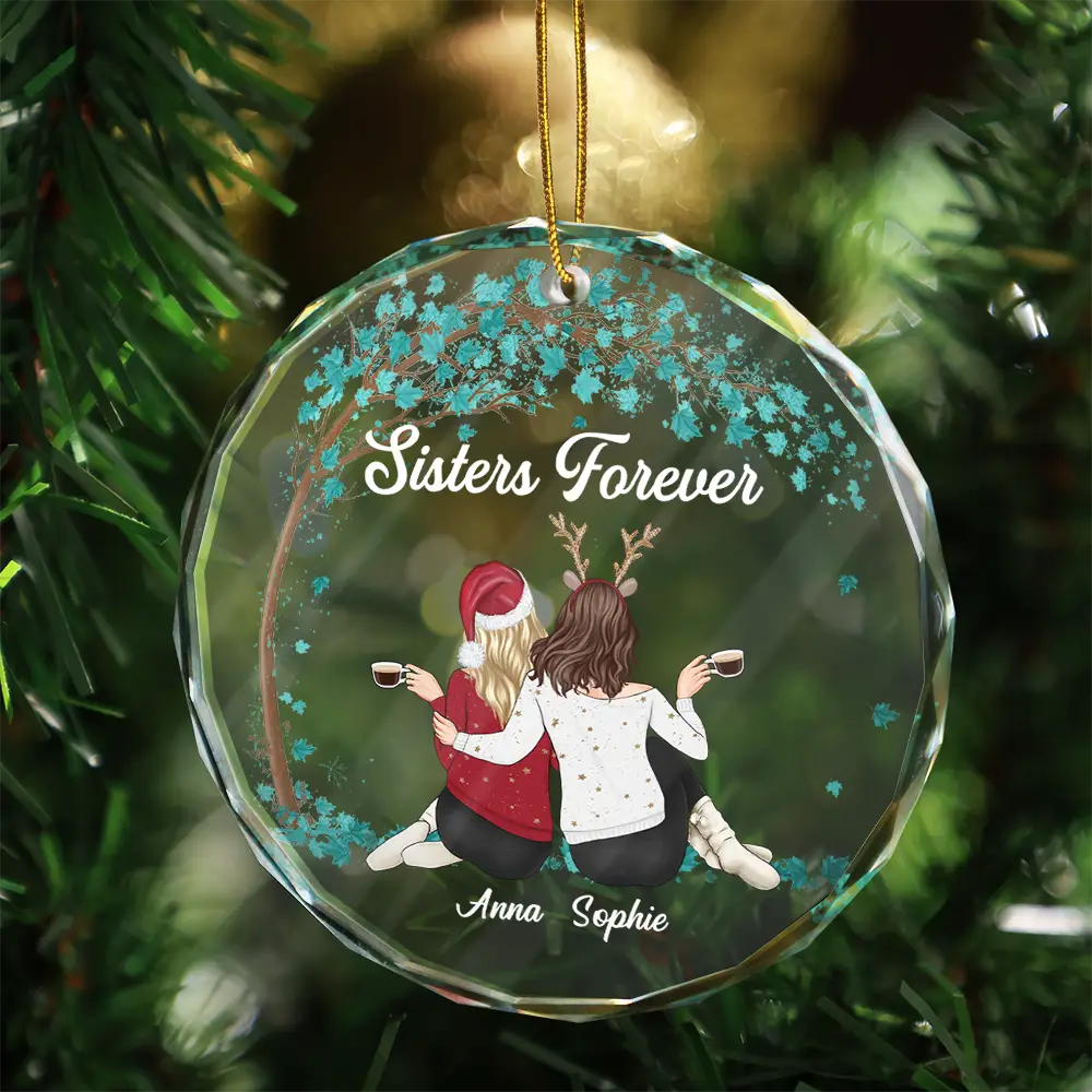 Besties Sisters Forever - Personalized Circle Glass Ornament - Image 3