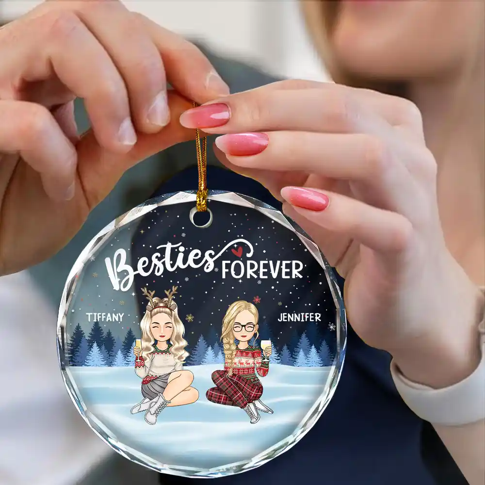 Besties Sisters Forever Sitting Together - Personalized Circle Glass Ornament - Image 4