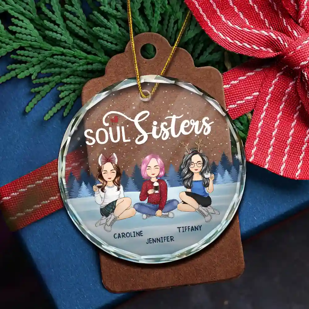 Besties Sisters Forever Sitting Together - Personalized Circle Glass Ornament - Image 5