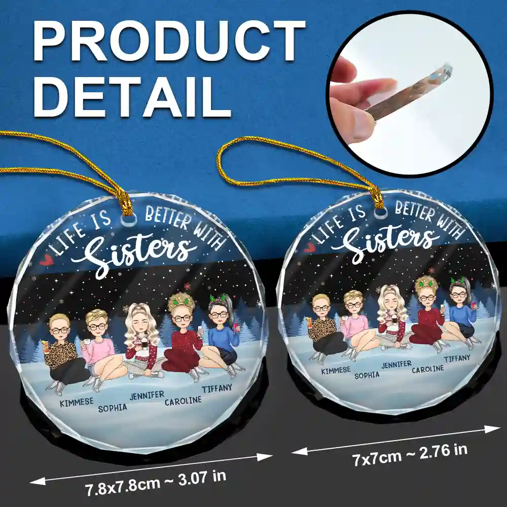 Besties Sisters Forever Sitting Together - Personalized Circle Glass Ornament - Image 6
