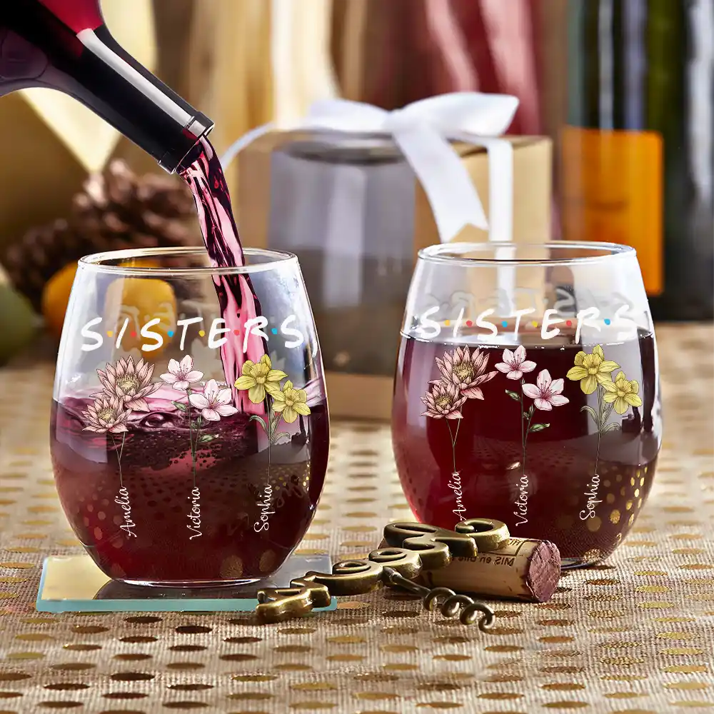 Besties Sisters Friends Birth Flowers - Personalized Stemless Wine Glass - Image 3